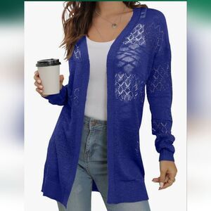 GRECERELLE M Lightweight Crochet Long Sleeve Knit Cardigan Royal Blue 2657-n